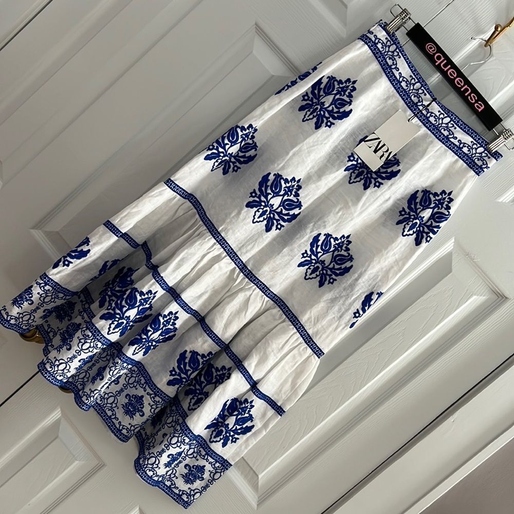 Zara Embroidered Blue and White Midi Skirt - Picture 2 of 16